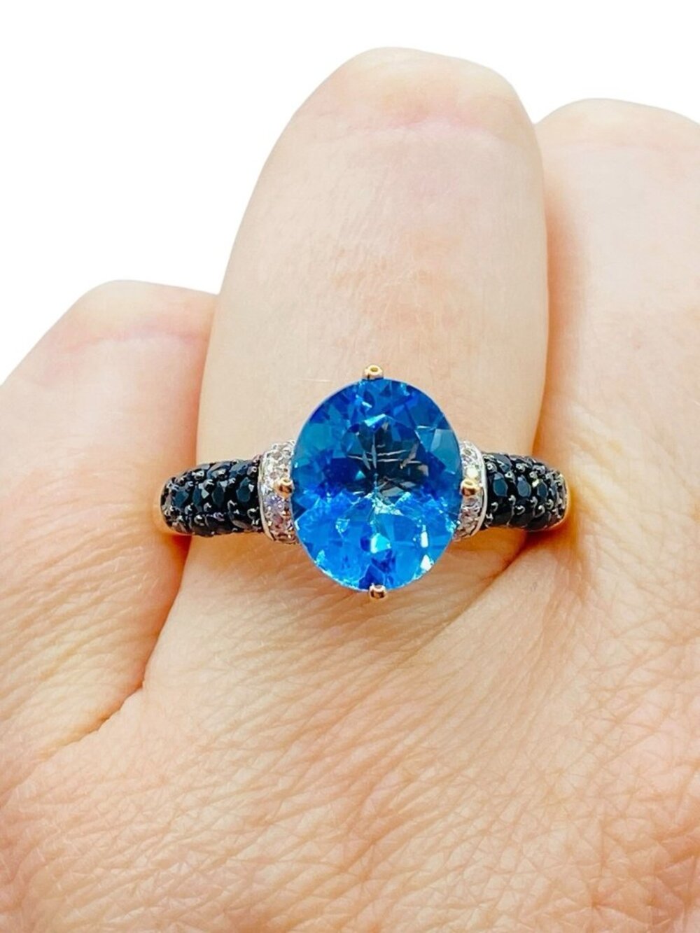 Rose Gold Vermeil Sterling Silver Blue Topaz Ring Size 10 HSN Signed SMJ Designe